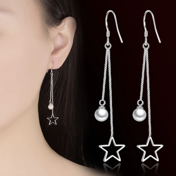 Hand Crafted Jewelry - Sterling Silver Dangling Chain Earing for, Women,Star,Pearl,Gift,Teens,Bridal